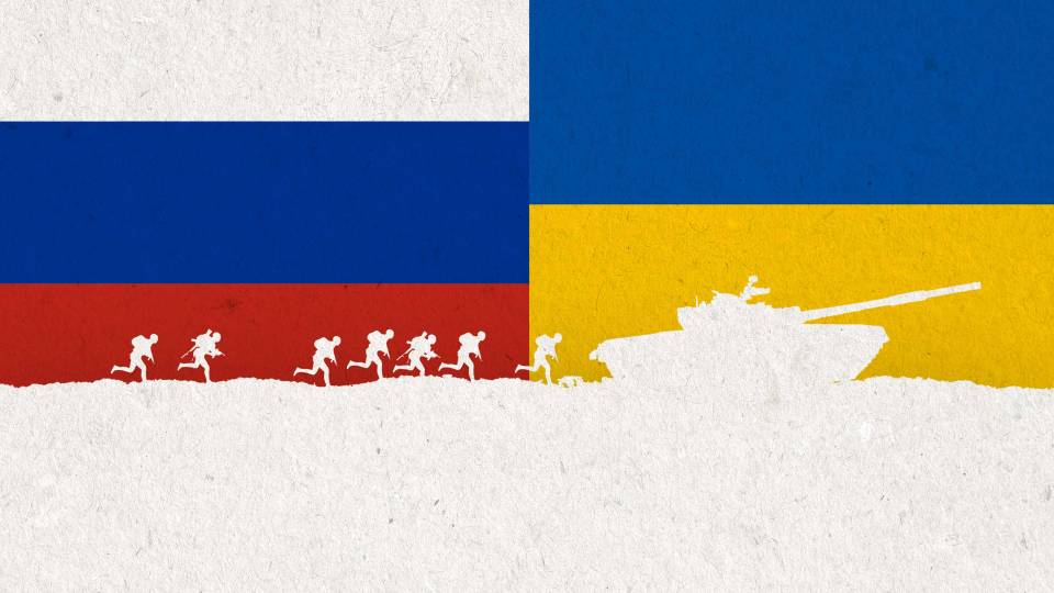 silhouttes of soldiers run from the Russian flag backdrop to a Ukrainian flag