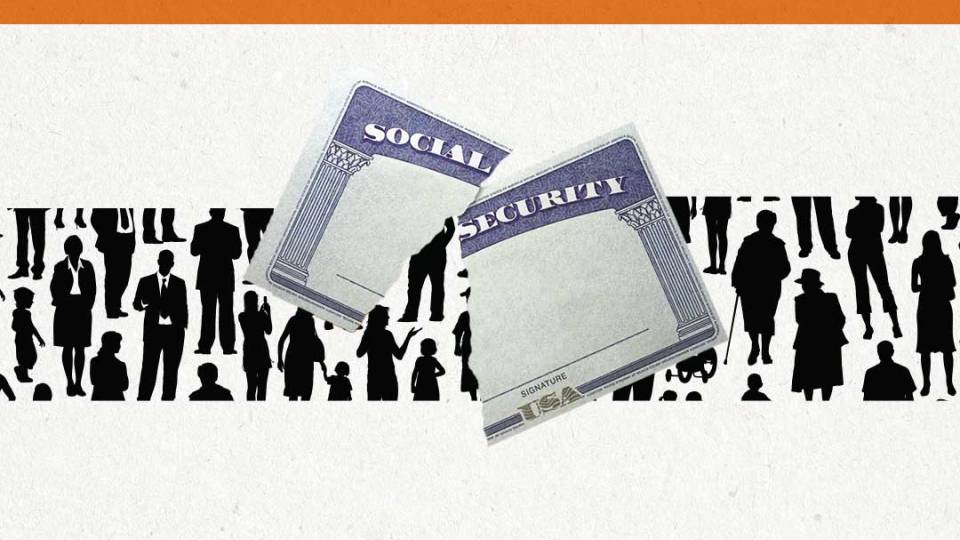 a torn Social Security card on a background of silhouttes of people