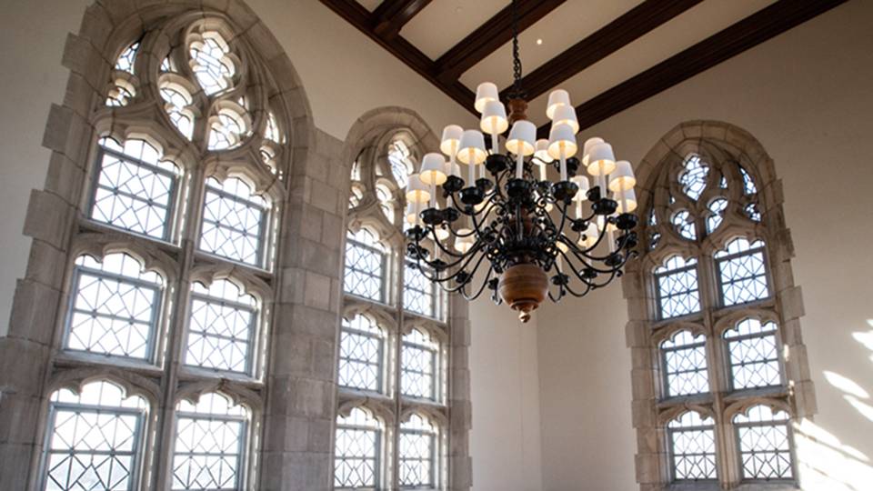 Firestone Library windows and chandelier