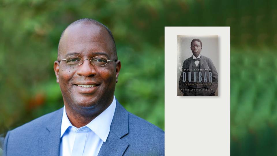 Gene Jarrett and his book cover, "Paul Laurence Dunbar: The Life and Times of a Caged Bird"