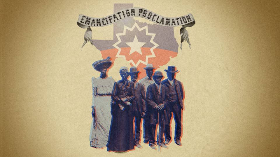 map of Texas, 19th century African Americans, banner "Emancipation Proclamation"