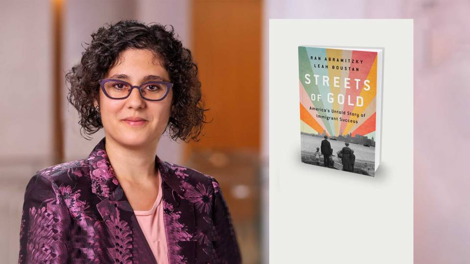 Leah Boustan and the cover of her book, Streets of Gold: America's Untold Story of Immigrant Success