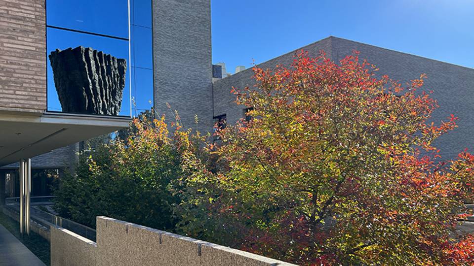 Andlinger Center building with orange and yellow autumn foliage