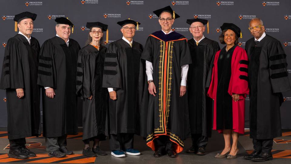 Seven honorary degree recipients pose with Princeton University President Christopher L. Eisgruber '83