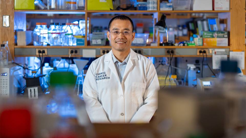 Yibin Kang smiles in his lab.
