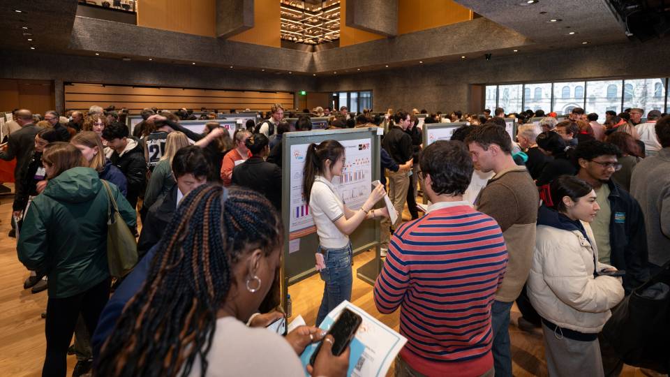 A busy crowd fills the Princeton University Art Museum's Grand Hall 