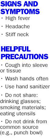 SIGNS AND SYMPTOMS • High fever • Headache • Stiff neck HELPFUL PRECAUTIONS • Cough into sleeve or tissue • Wash hands often • Use hand sanitizer  • Do not share: drinking glasses; smoking materials; eating utensils • Do not drink from common source (e.g., punch bowl)