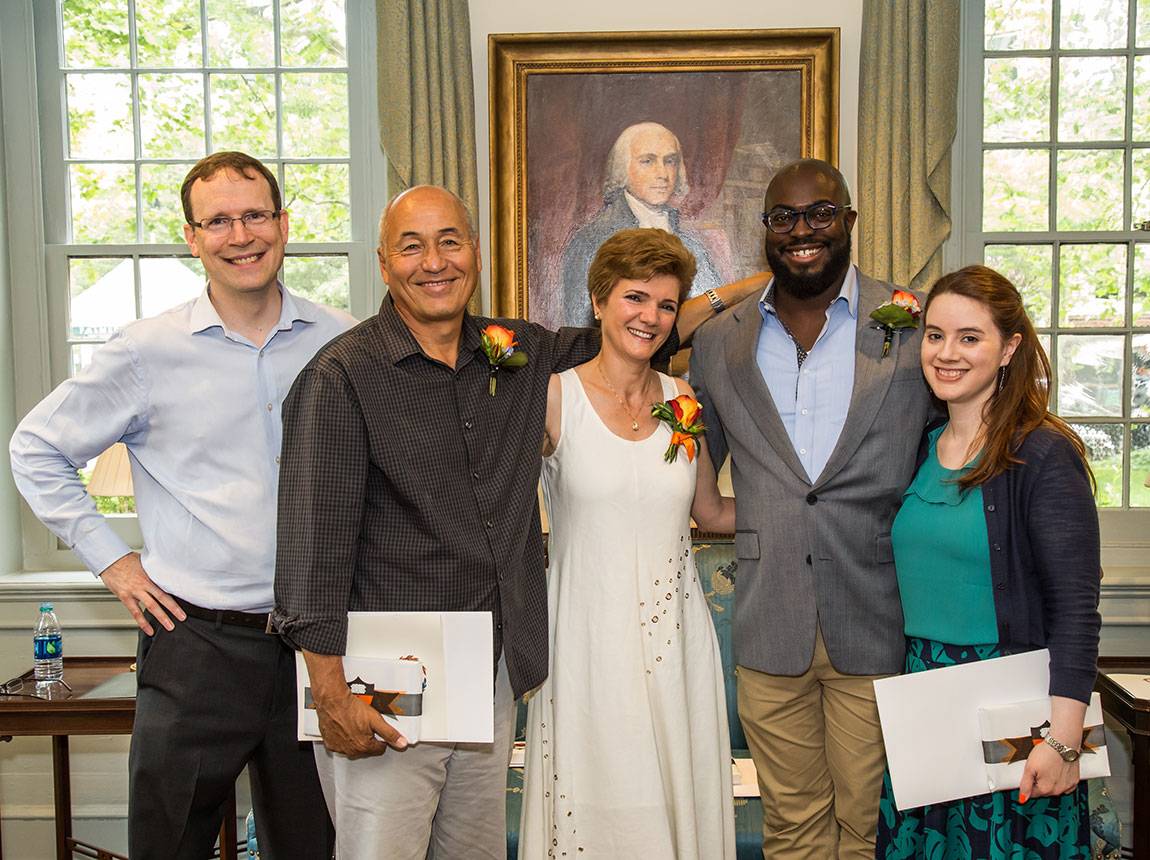 Bryant Blount (second from right), winner of the second annual Princeton Writes writing competition, poses for a photo with (from left) Princeton Writes director John Weeren and contest honorable mention recipients Brian Mondschein, Violette Chamoun and April Armstrong