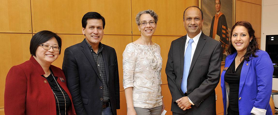 From left: Julie Yun, assistant dean for diversity and inclusion in the Office of the Dean of the Graduate School; Dale Trevino, associate dean for diversity and inclusion in the Office of the Dean at the Graduate School; Michele Minter, vice provost for institutional equity and diversity; Sanjeev Kulkarni, dean of the Graduate School and a professor of electrical engineering; and Vanessa Gonzalez-Perez, assistant dean for diversity initiatives in the natural sciences at the Graduate School. 