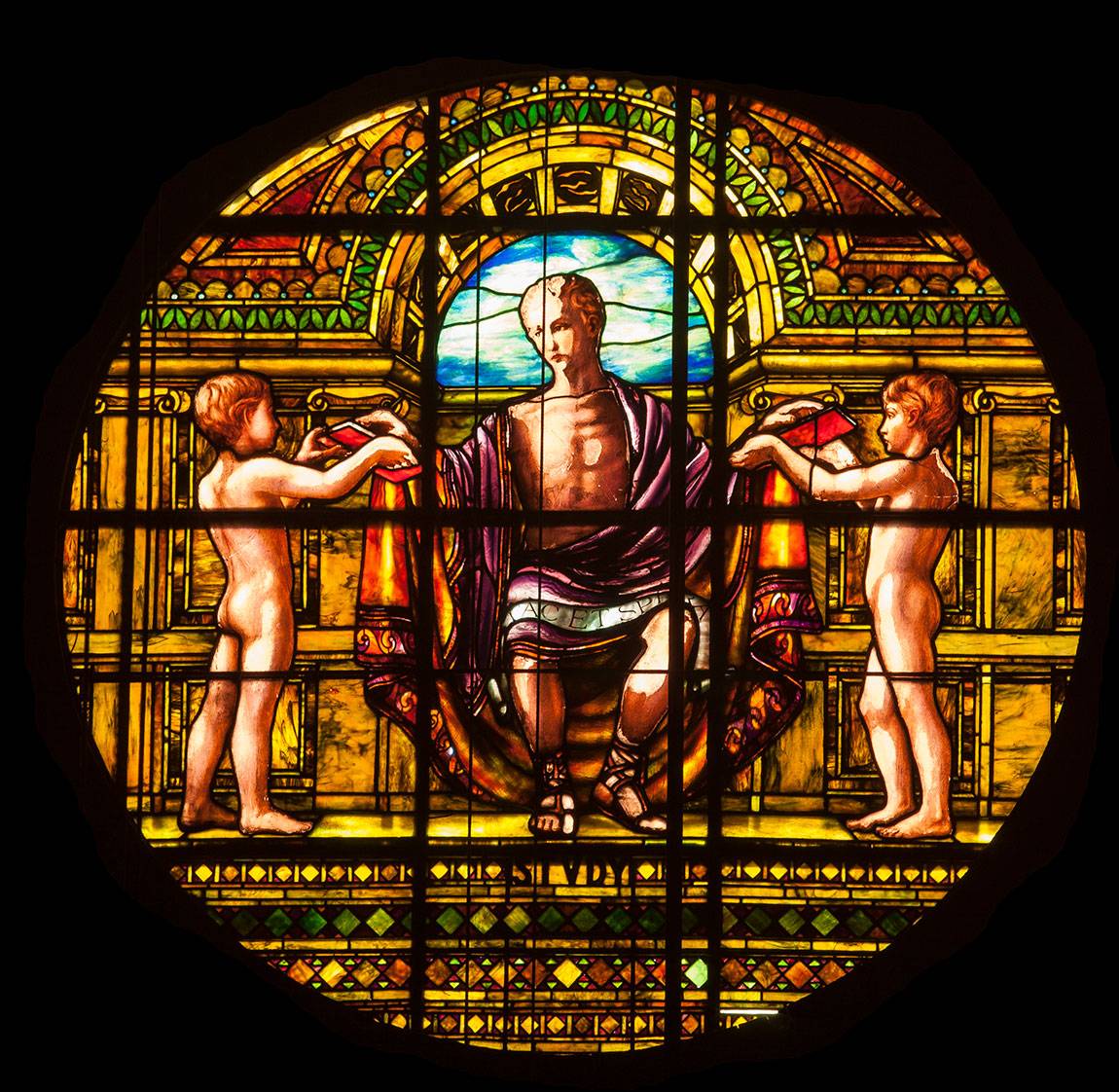 Richardson Auditorium in Alexander Hall stained glass panel