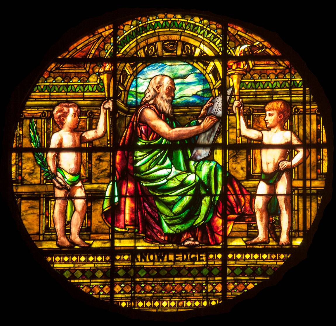 Richardson Auditorium in Alexander Hall stained glass panel