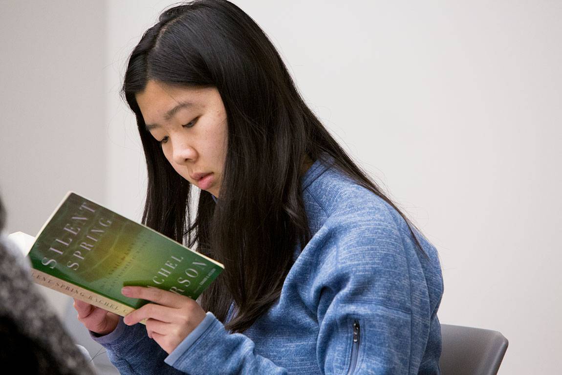 Sophomore SiSi Peng reads Rachel Carson's classic "Silent Spring" for the course  The Literature of Environmental Disaster taught by Göran Blix, associate professor of French and Italian