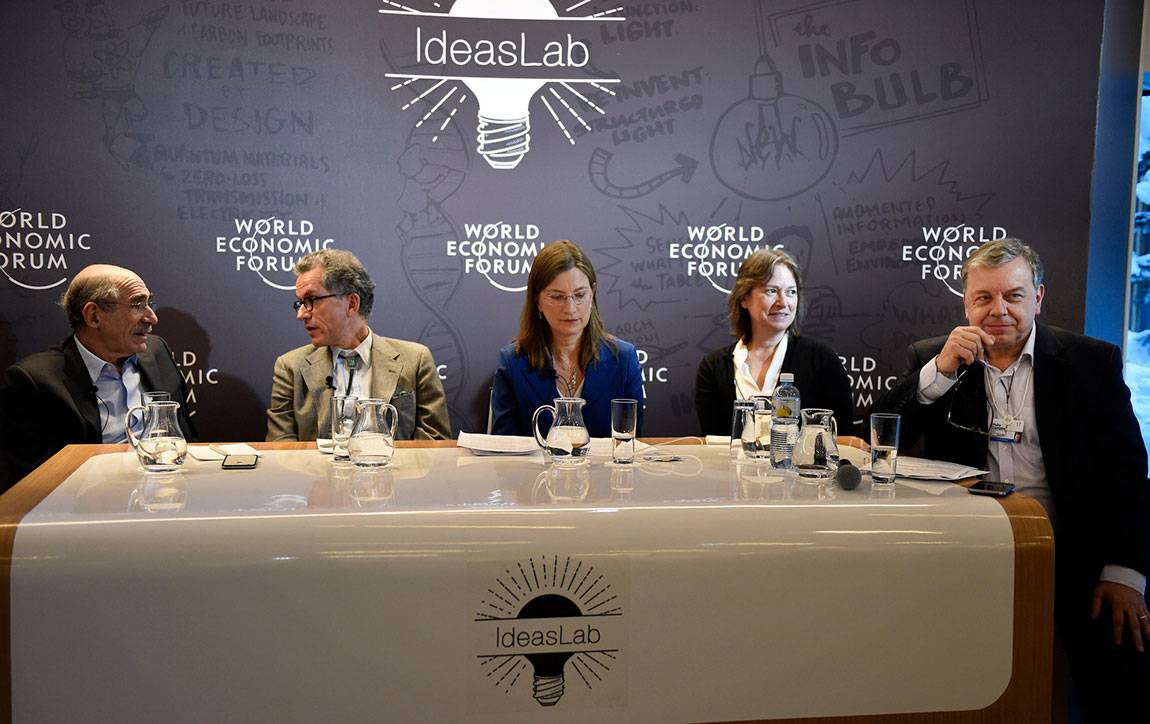 Princeton professors Michael Oppenheimer (left to right) and Guy Nordenson confer as Professor Denise Mauzerall, engineering Dean Emily Carter and panel moderator Philip Campbell, editor-in-chief of the journal Nature, ready for discussion at an "Ideas Lab" panel and workshop on climate change.