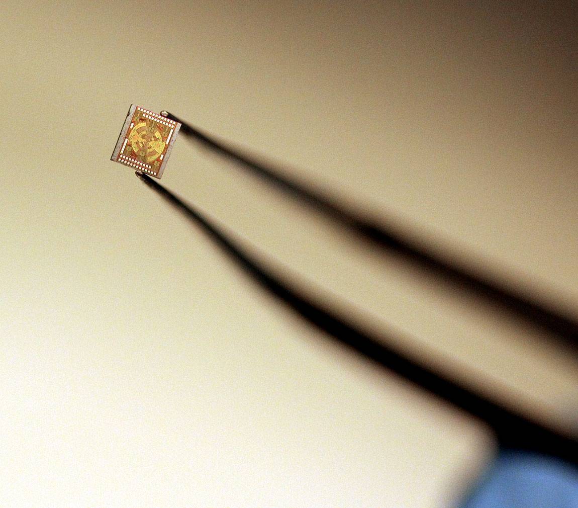 Princeton University researchers have drastically shrunk the equipment for producing terahertz — important electromagnetic pulses lasting one millionth of a millionth of a second — from a tabletop setup with lasers and mirrors to a pair of microchips small enough to fit on a fingertip (above). The simpler, cheaper generation of terahertz has potential for advances in medical imaging, communications and drug development.