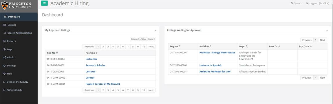 A new hiring application for University faculty and academic professionals also was recently launched to better meet the needs of the academic community. The Office of the Dean of the Faculty and Office of Information Technology developed the system with input from academic units across campus. This image is a test example of how positions posted in the system may be viewed internally by the Dean of the Faculty's office. 