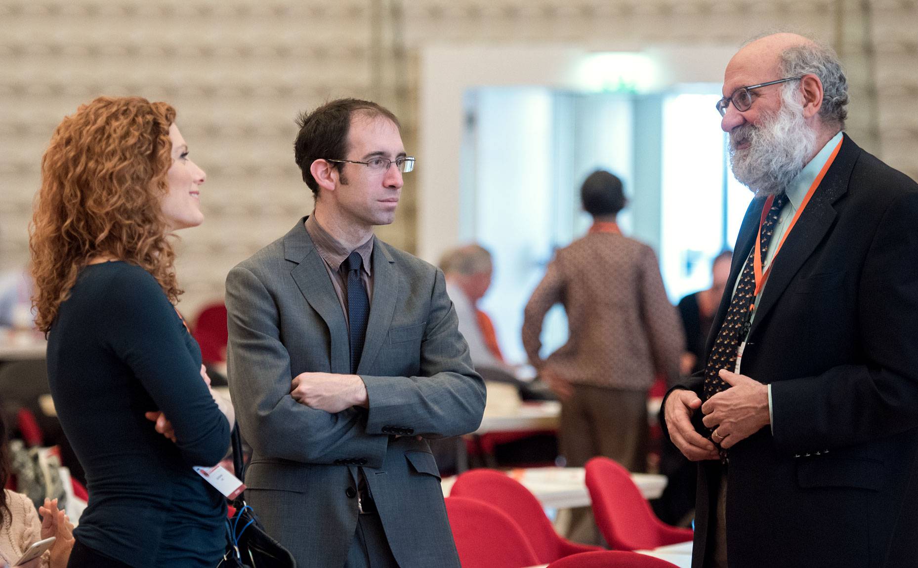 CNBC’s Julia Boorstin, a moderator at the conference, chats with Princeton faculty Nick Feamster and David Dobkin during a break between panels.