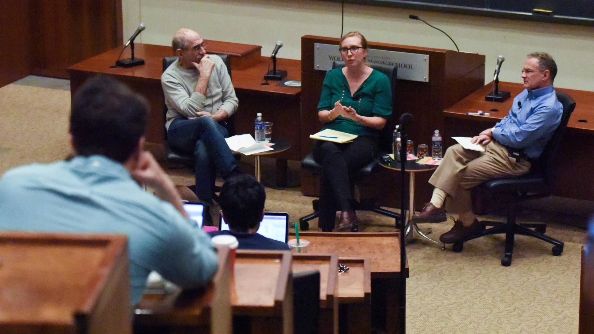 Michael Oppenheimer, May Boeve and David Wilcove speaking in front of class