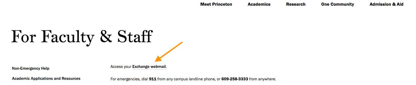 A diagram showing how to find the webmail link for faculty and staff on this website.