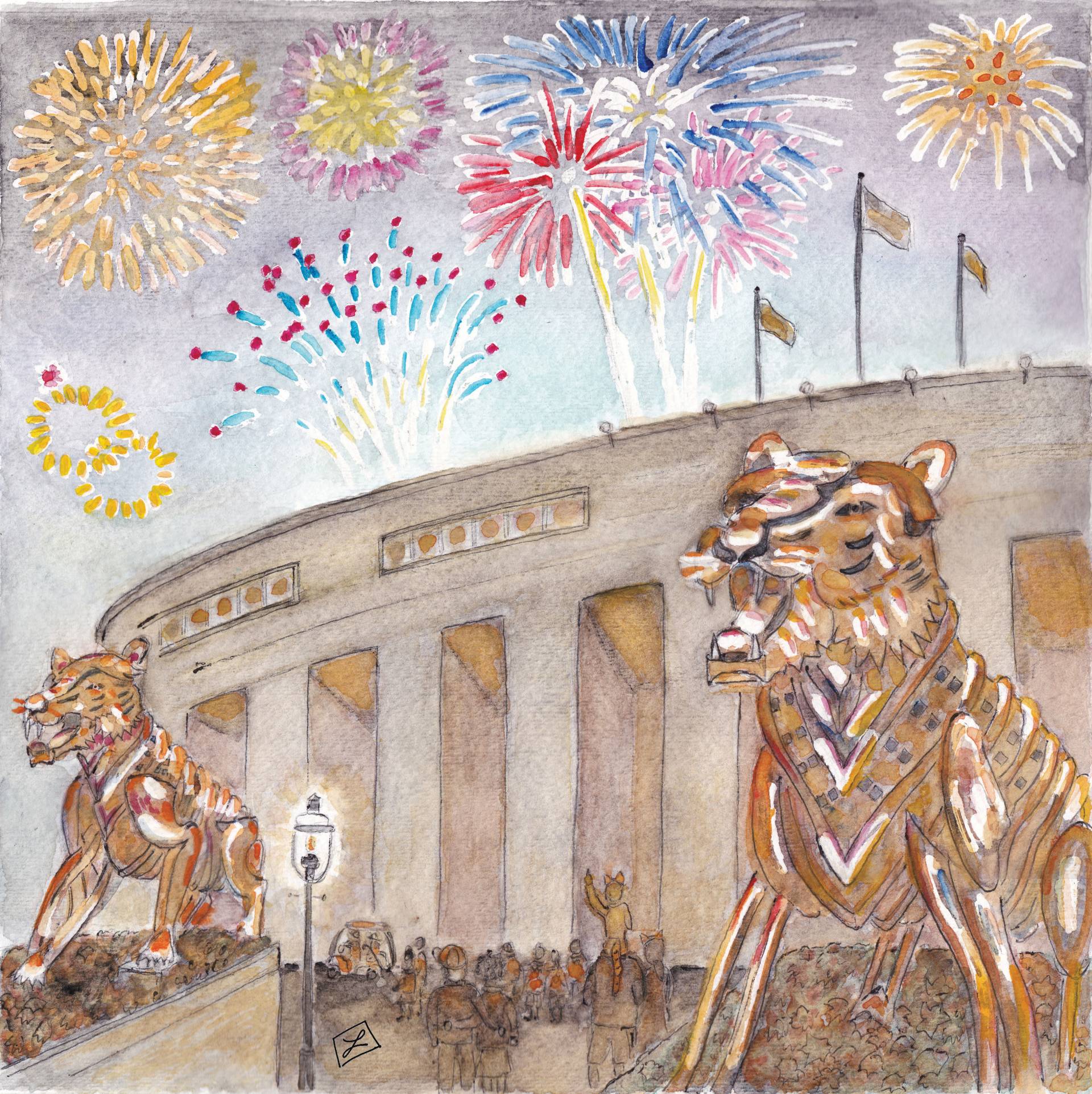 Watercolor of tigers outside Palmer Stadium with fireworks