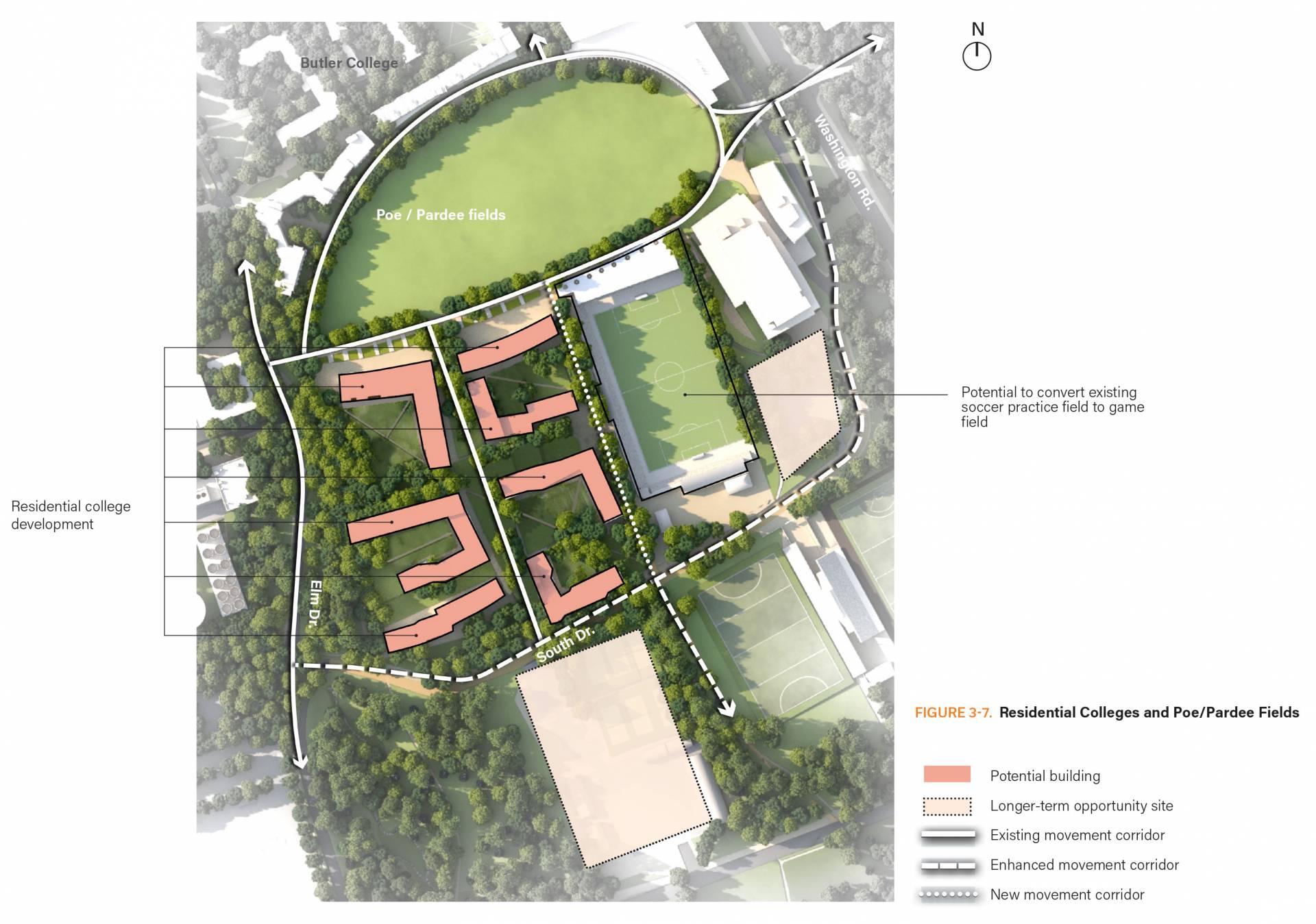 Map of residential colleges and Poe Field from campus plan