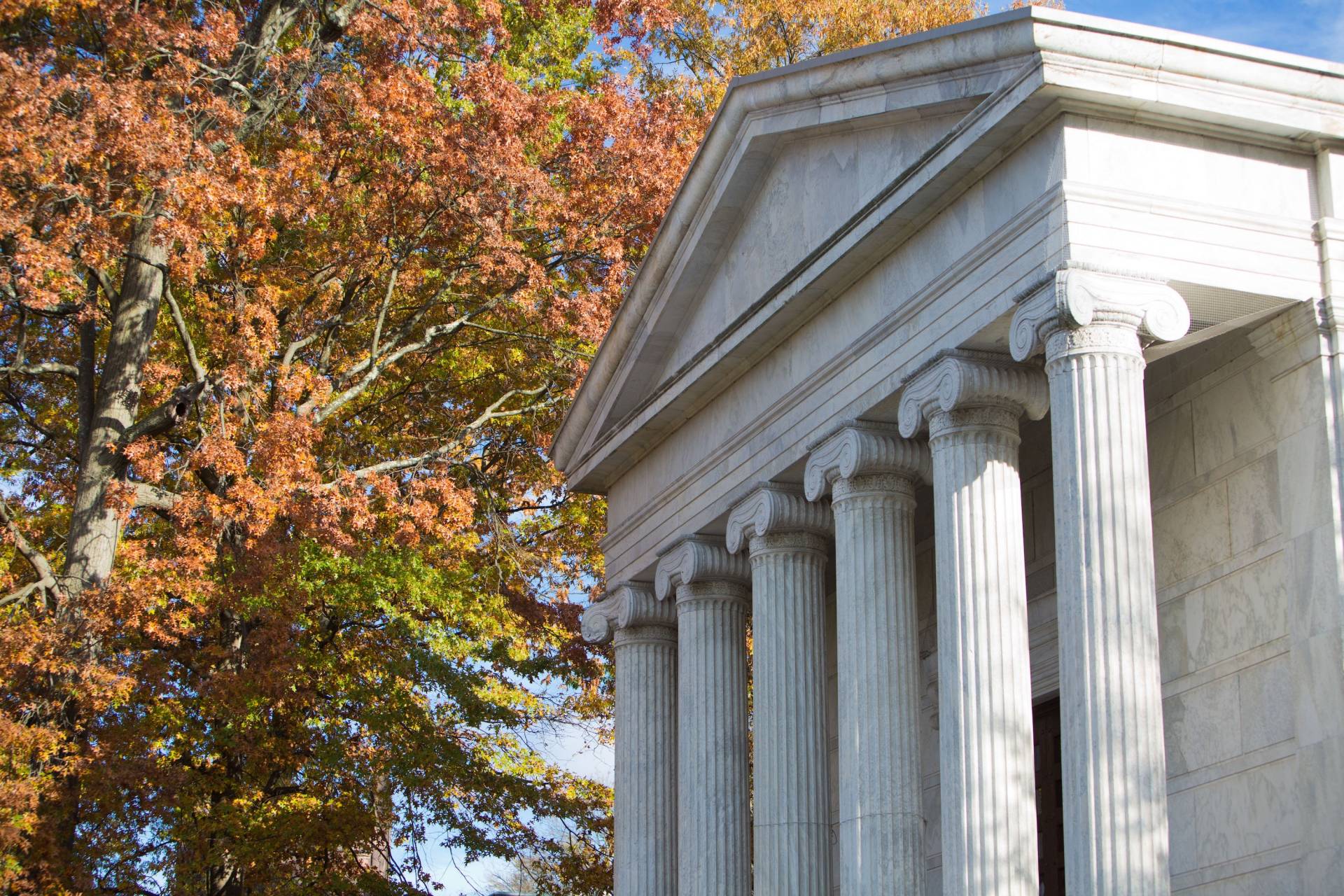 The columns of Whig Hall with autumn leaves in the background