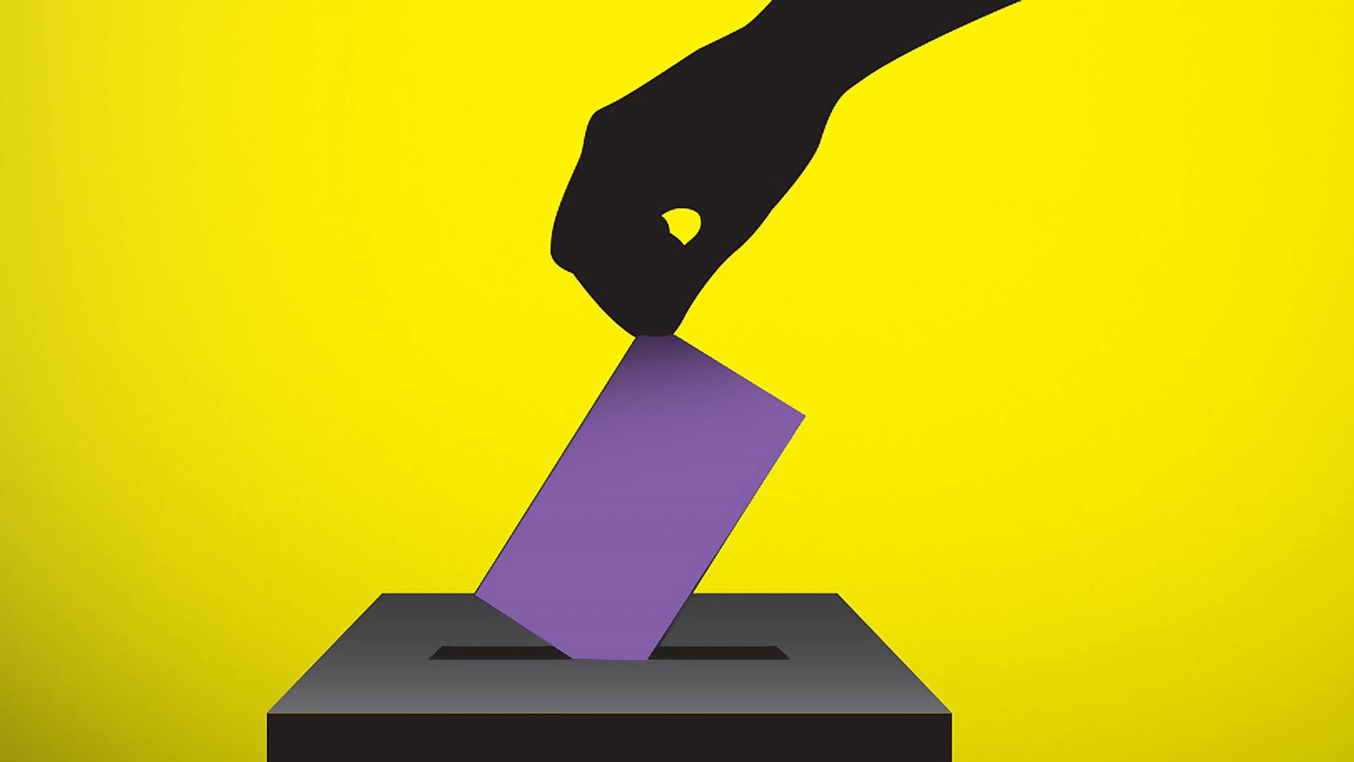 Silhouetted hand drops a purple vote into ballot box