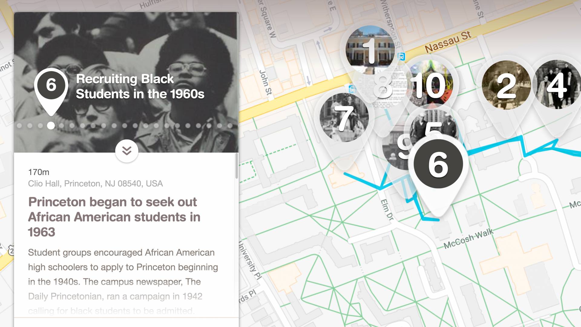 Screenshot of the African American history tour website showing stop number 6 at Clio Hall: Recruiting Black Students in the 1960s