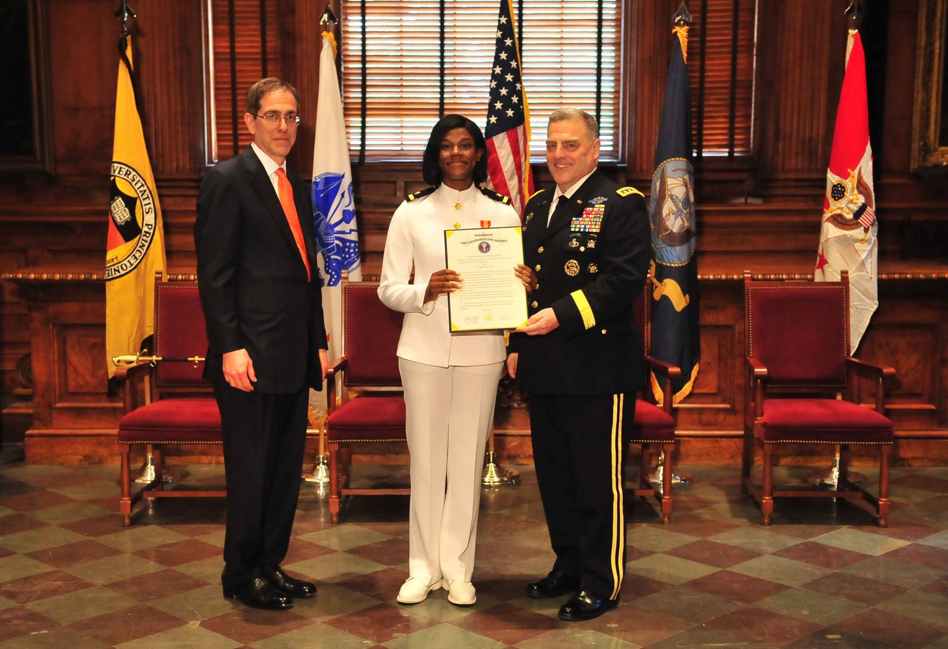 President Eisbruger, Christina Onianwa and General Mark MIlley at ROTC Commissioning ceremony