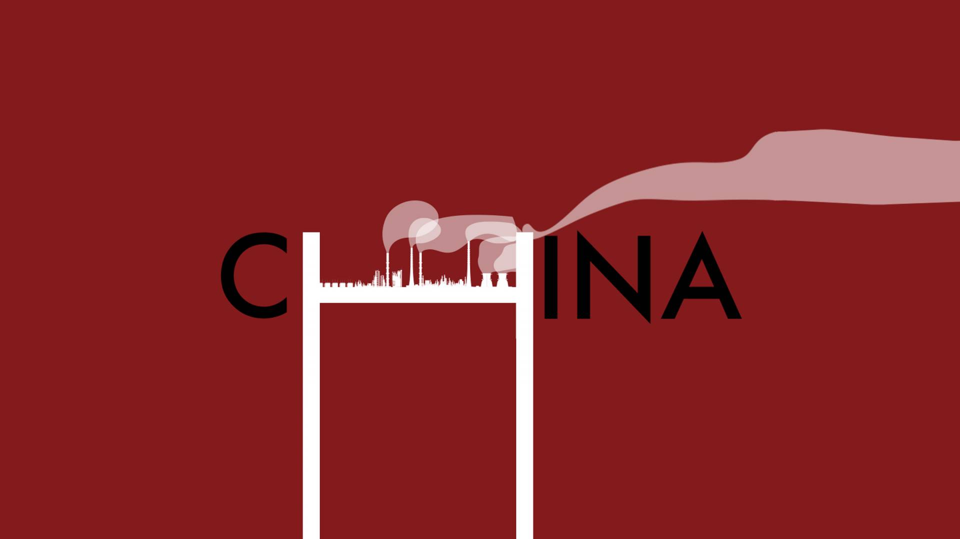 The word "CHINA" over a red background with the H making a factory producing gas into the air