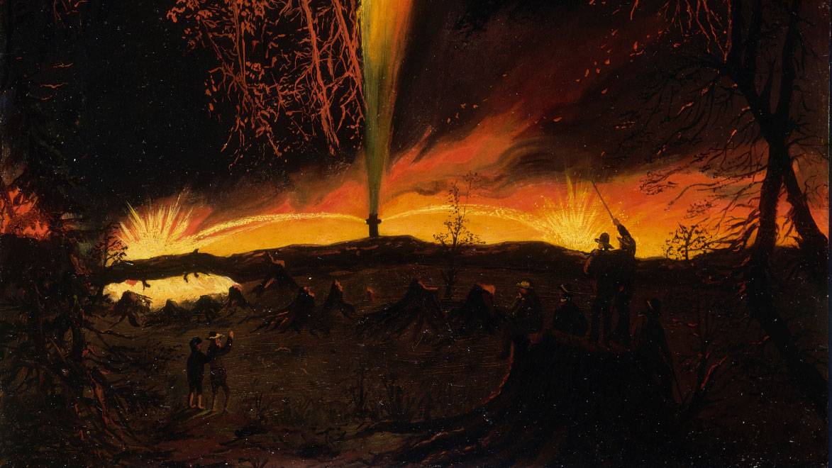 Part of "Burning Oil Well at Night, Near Rouseville, Pennsylvania' painting by James Hamilton