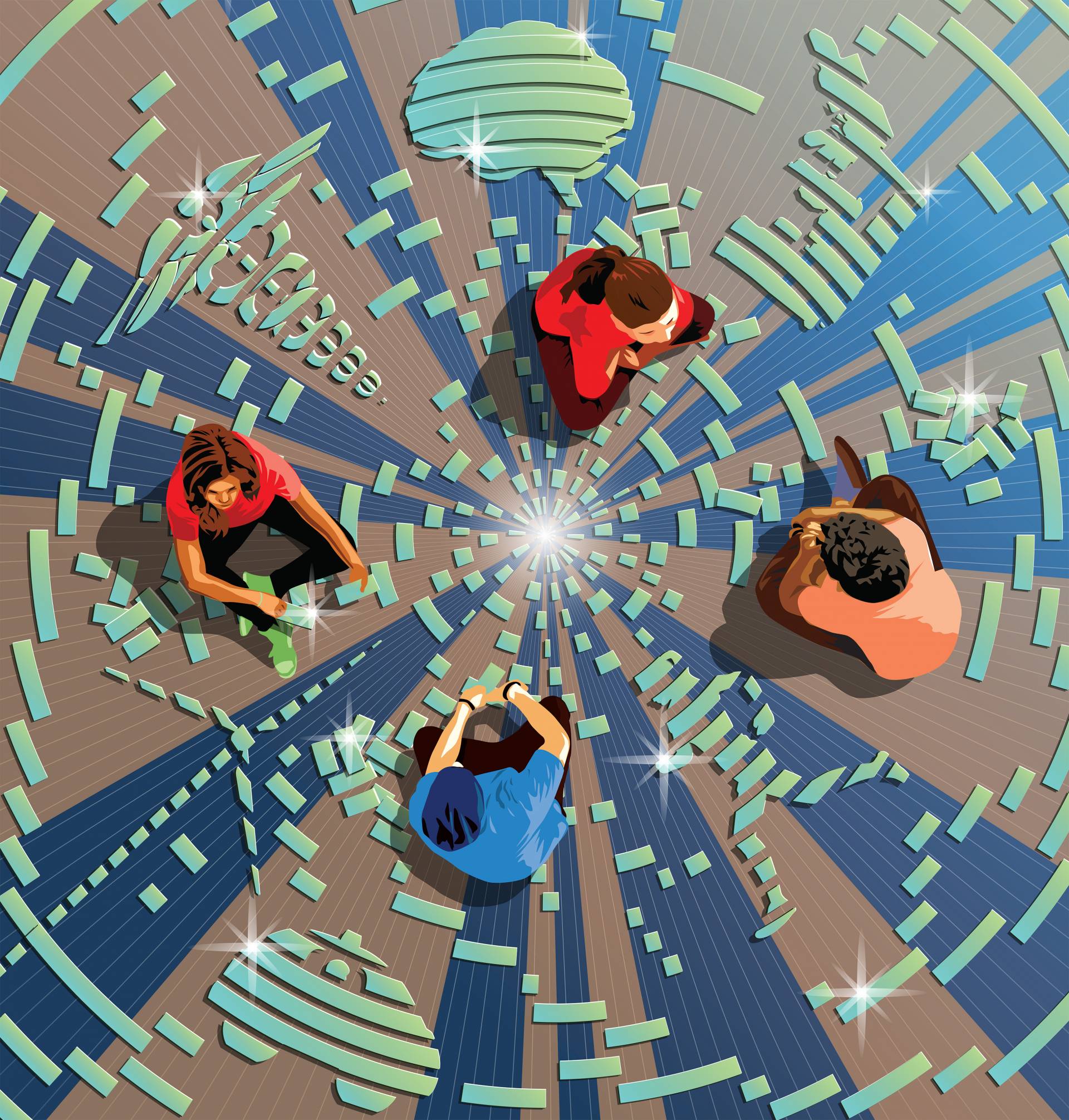 Illustration of 4 people sitting on a floor surrounded by geometric puzzle pieces