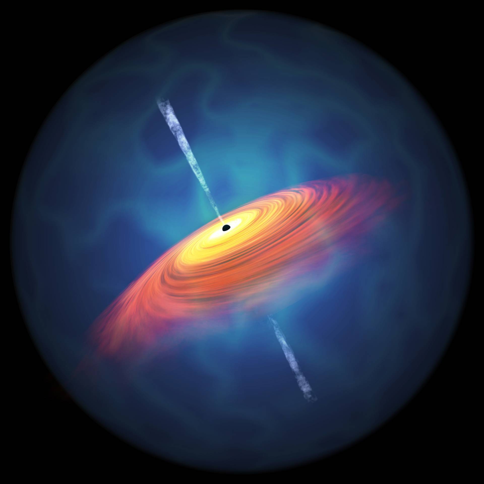 An artist impression of a quasar: A red and orange swirl on a blue background