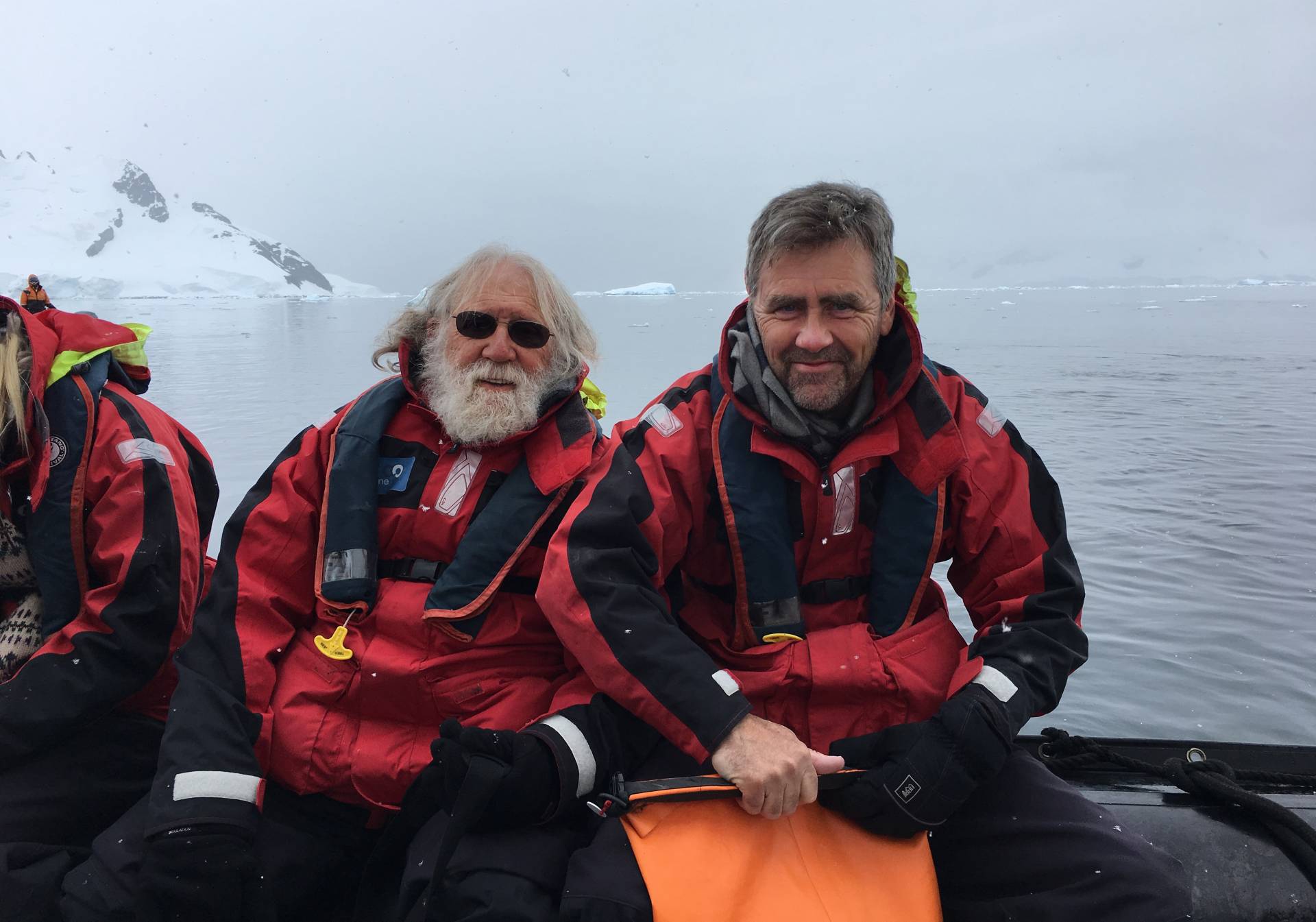 Charlie Gross and Tom Albright sitting in a boat in Antarctica