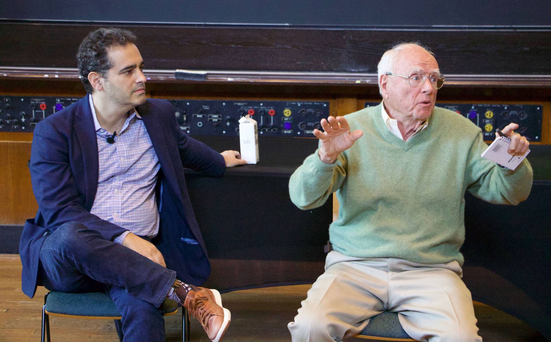 Jeff Kreisler and Howard “Pete” Colhoun speak to an audience