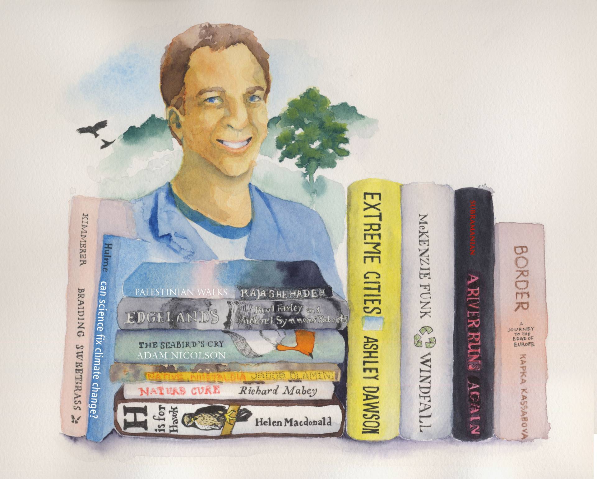 Portrait of Rob Nixon with a rainforest landscape behind him and books he will read this summer in front