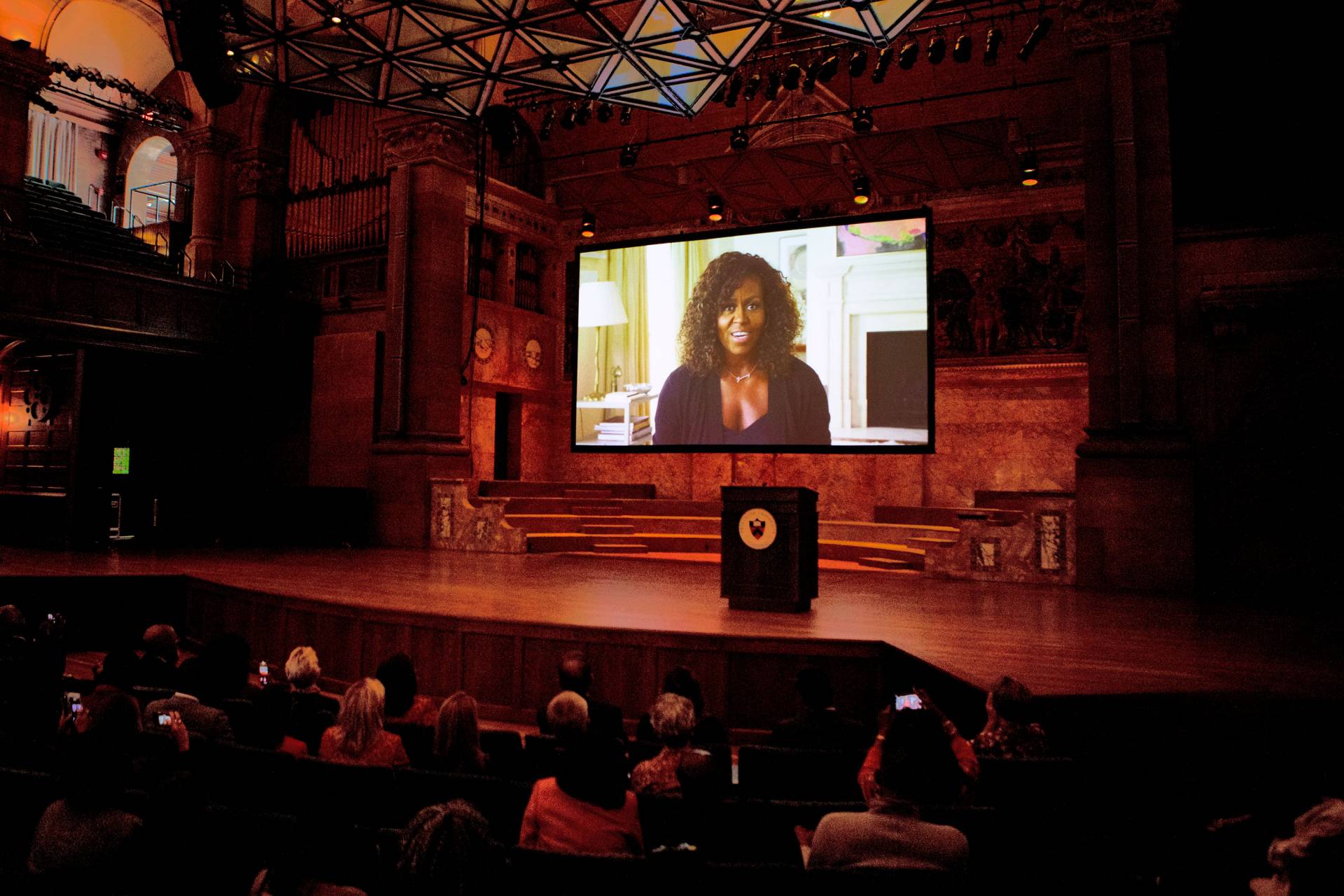 Michelle Obama's video address projected on stage