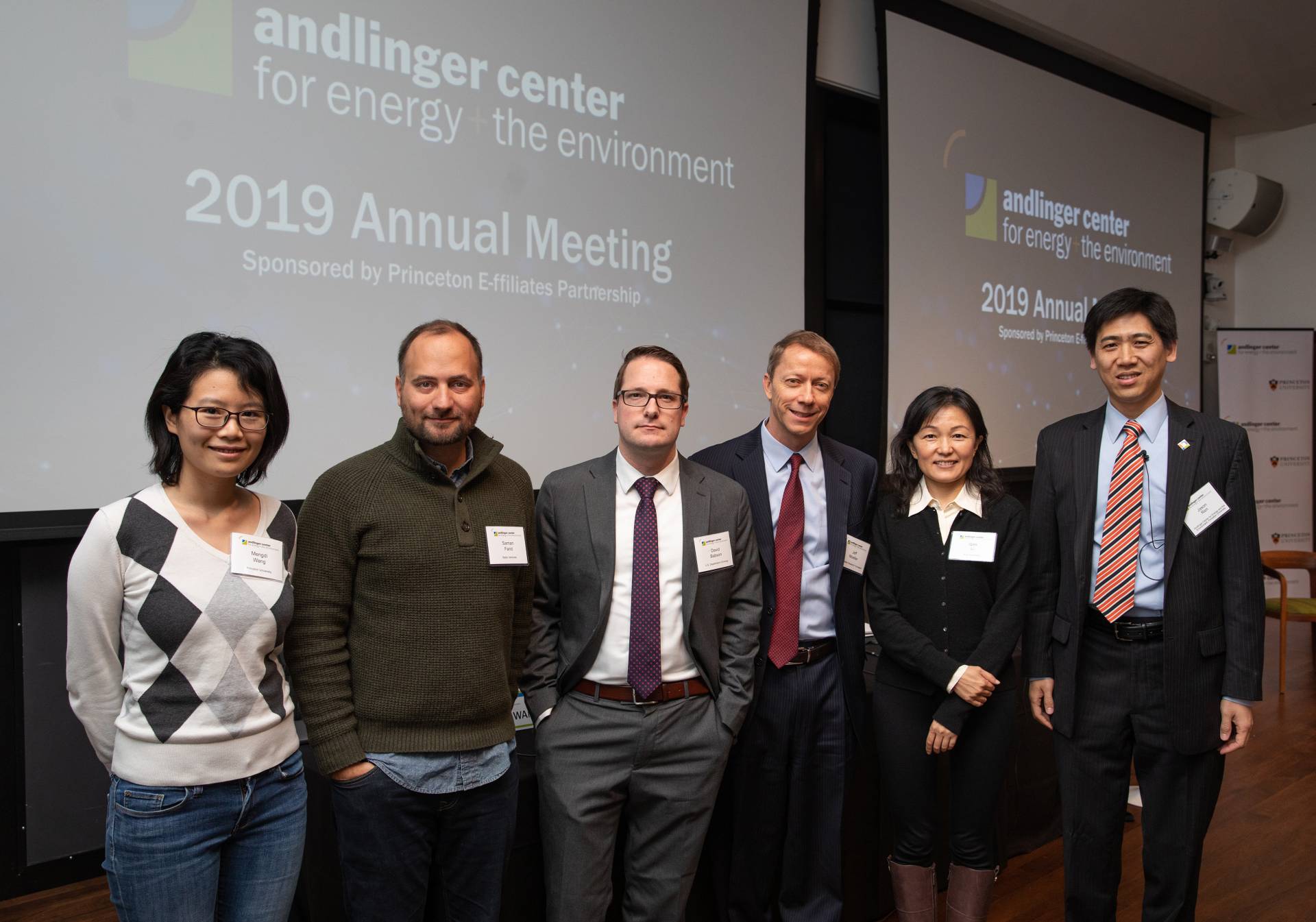 6 people stand in front of a projected Andlinger Center for Energy and Environment logo and the words "2019 Annual Meeting, sponsored by Princeton E-ffiliates Partnership""