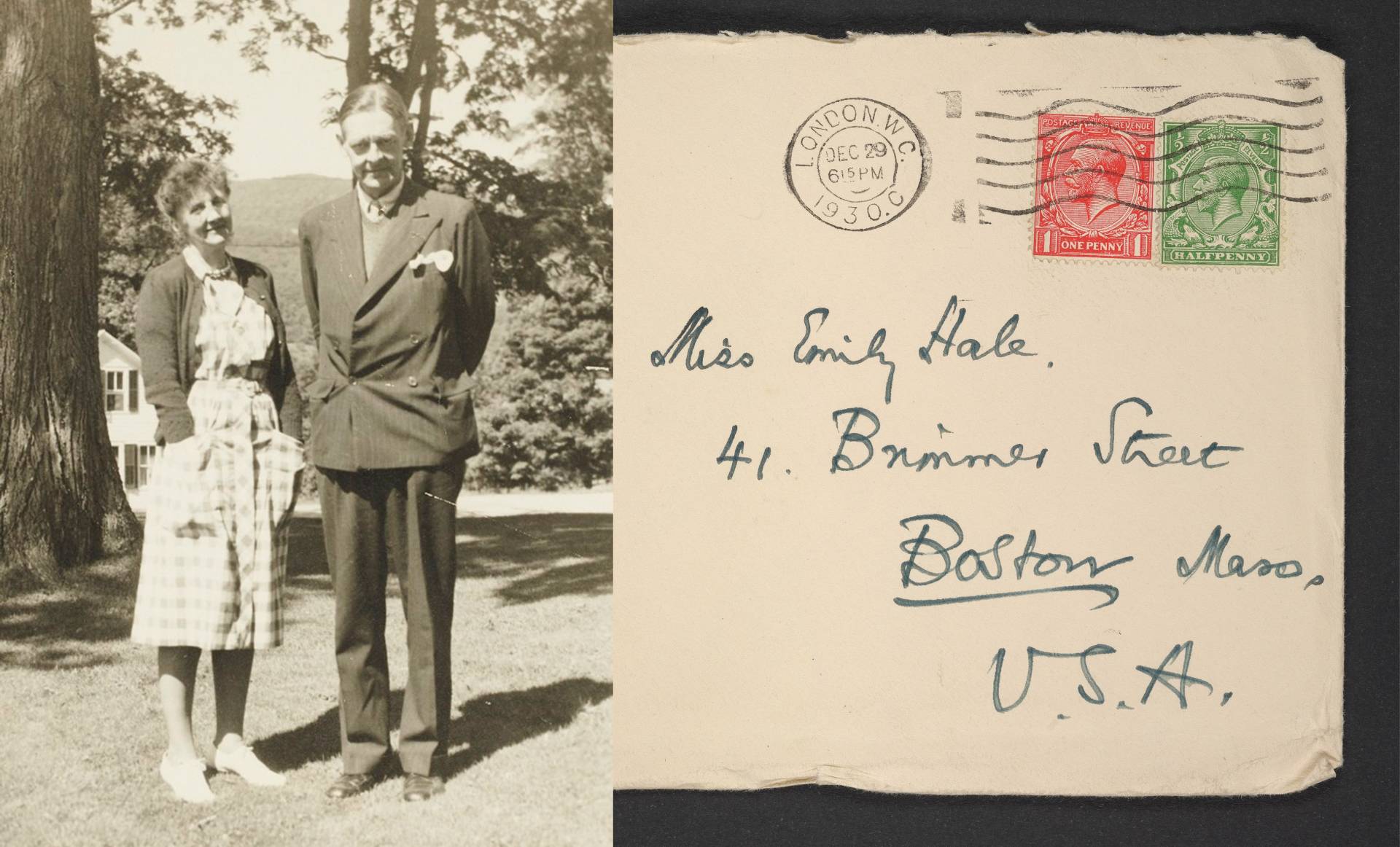 Archival photo of T.S. Eliot and Emily Hale and a digitized envelope addressed to Emily Hale