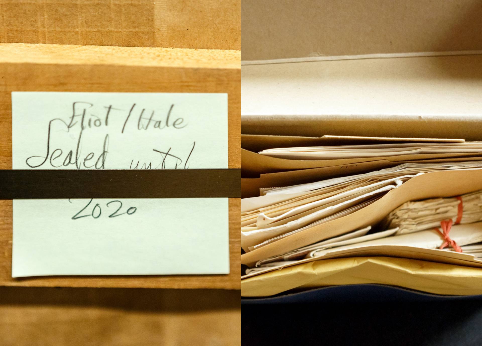 A post-it note on a box that reads, "Eliot/Hale, sealed until 2020" and a top view of a box full of papers