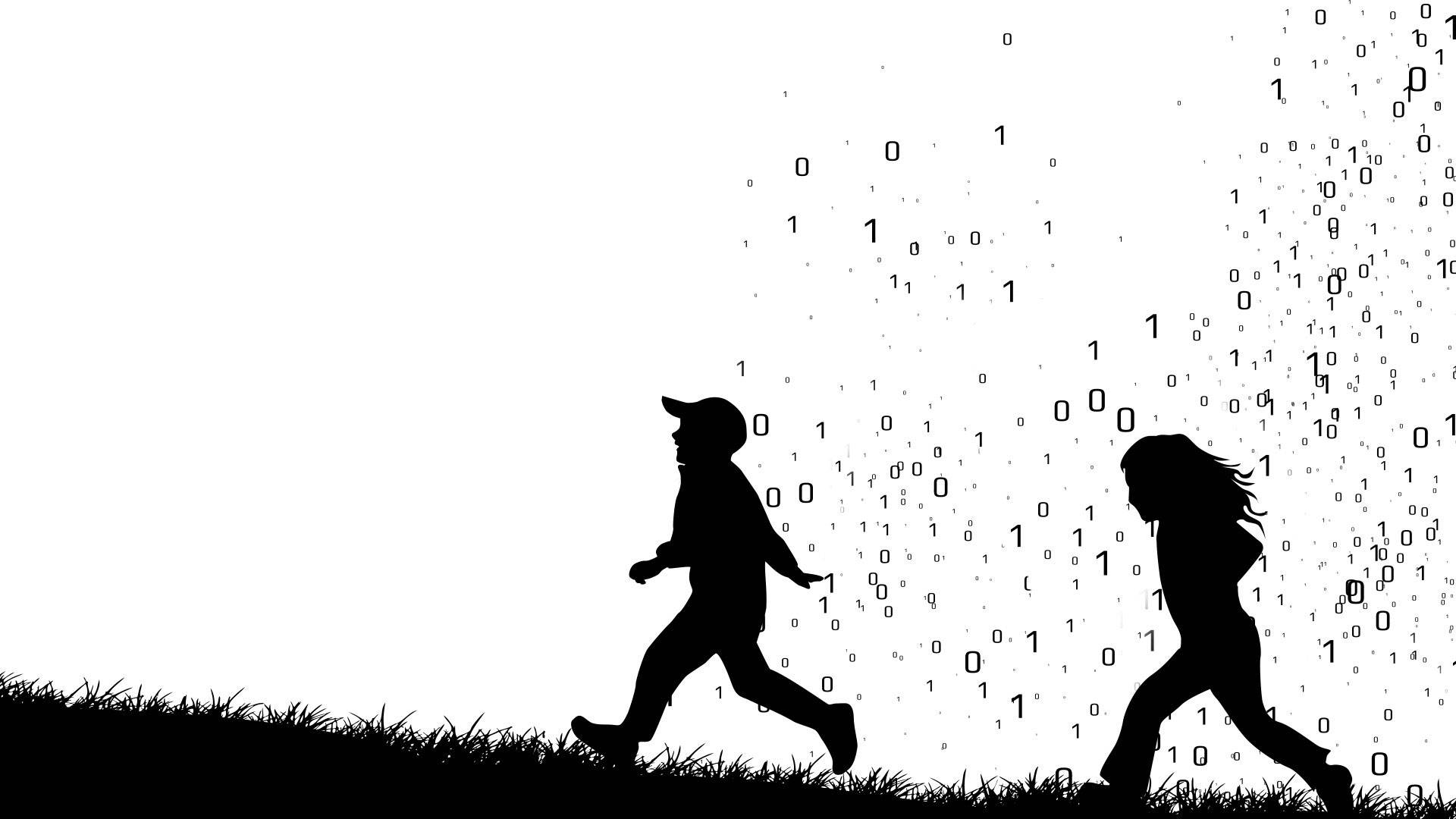 silhoutte of children against backdrop of binary code