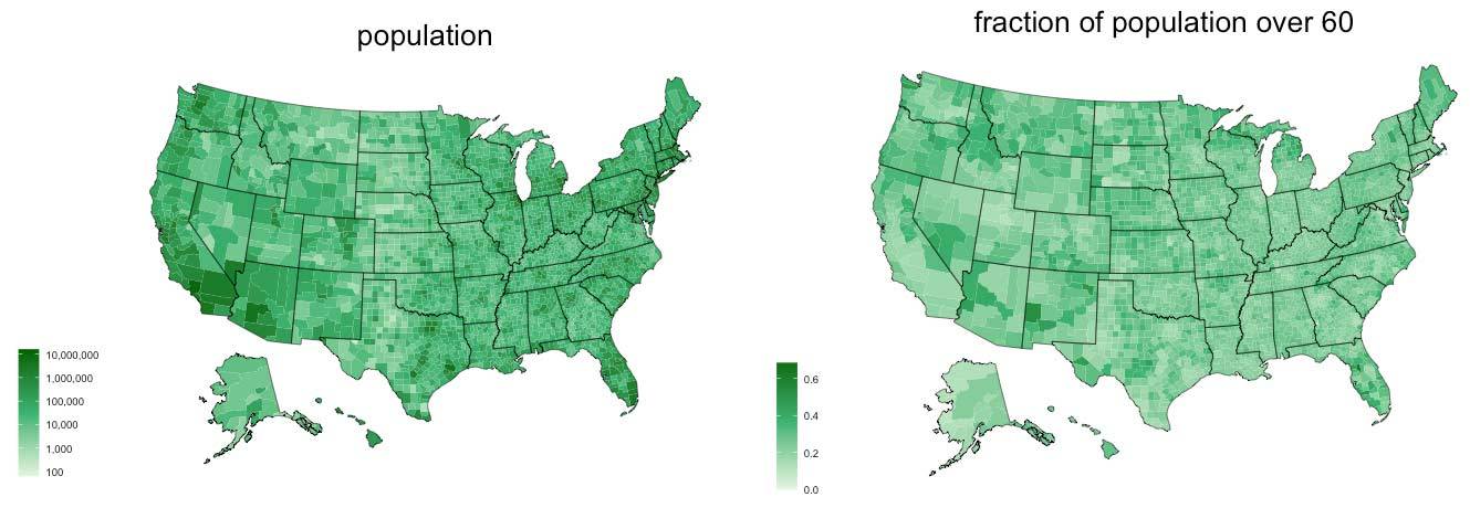2 maps with varying shades of green comparing attitudes between the general population vs. fraction of population over 60 years old