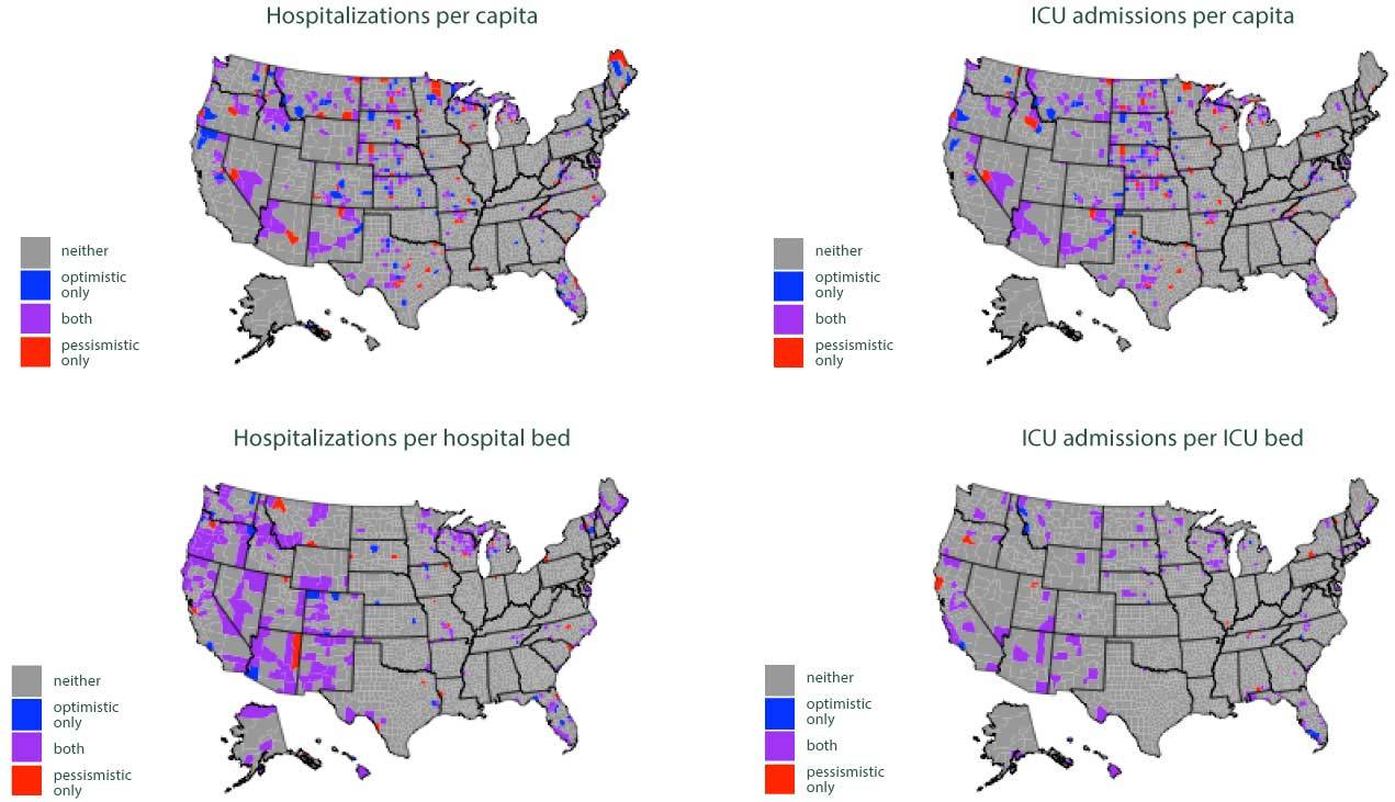 4 maps comparing hospitalizations per capita; ICU admissions per capita; hospitalizations per hospital bed; and ICU admissions per ICU bed with colored dots