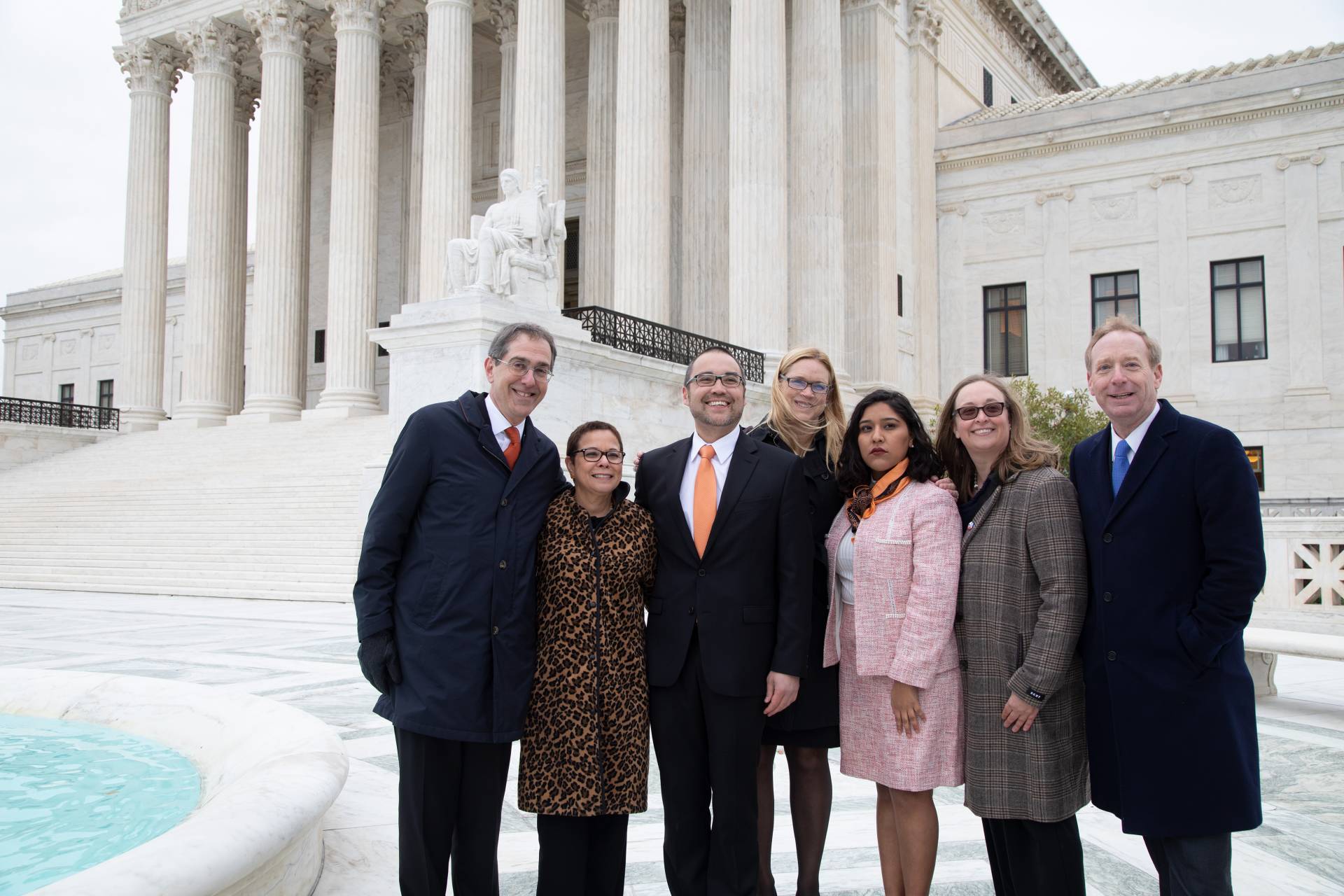 Eisgruber, Romero, Sanchez, Smith, and legal team pose in front of the Supreme Court building
