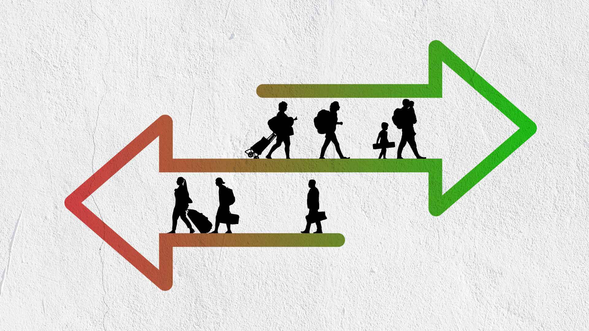 Illustration of 2 arrows going in different directions with silhouttes of people in them