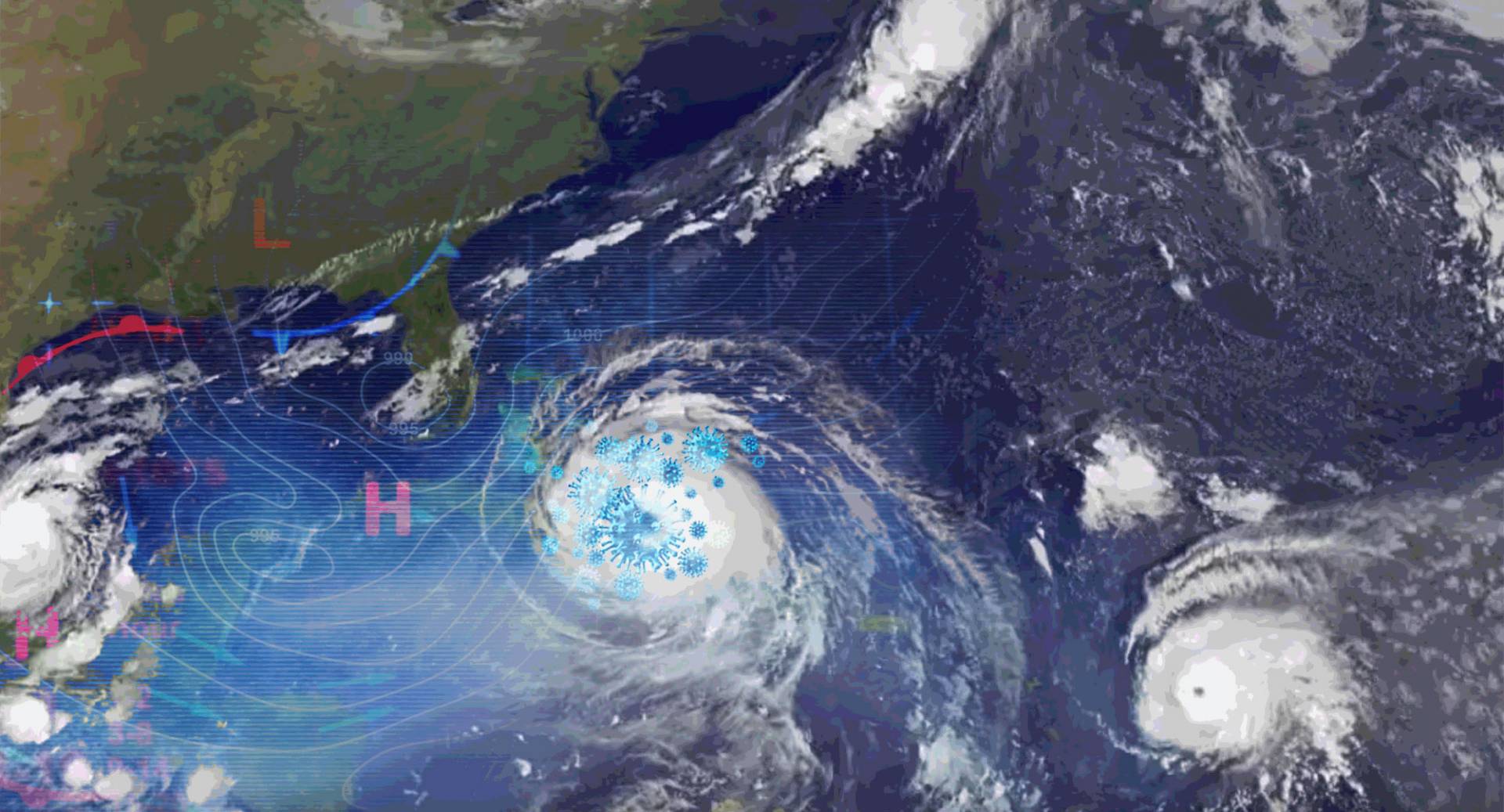 Illustration of weather satellite imagery of a hurricane with COVID virus forms