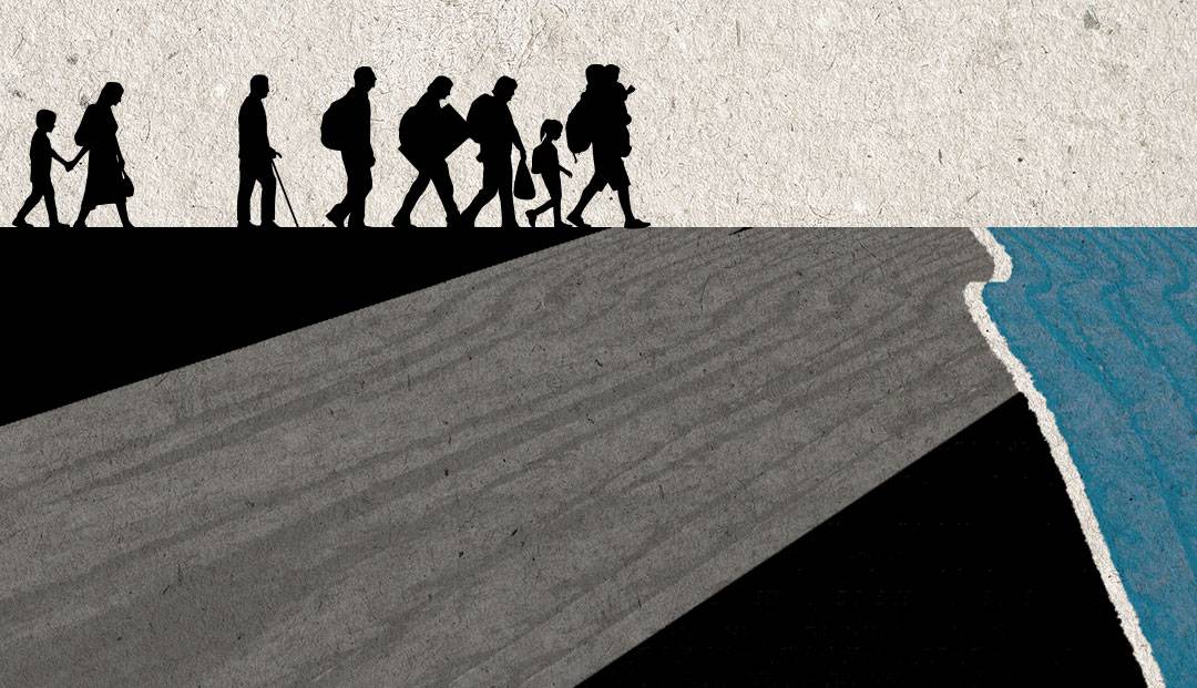 silhouettes of people walking across an abstract landscape
