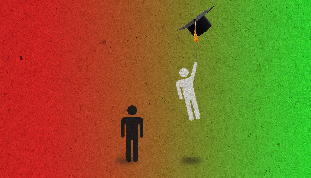 one stick figure is carried upwards by a mortarboard, leaving the other on the ground