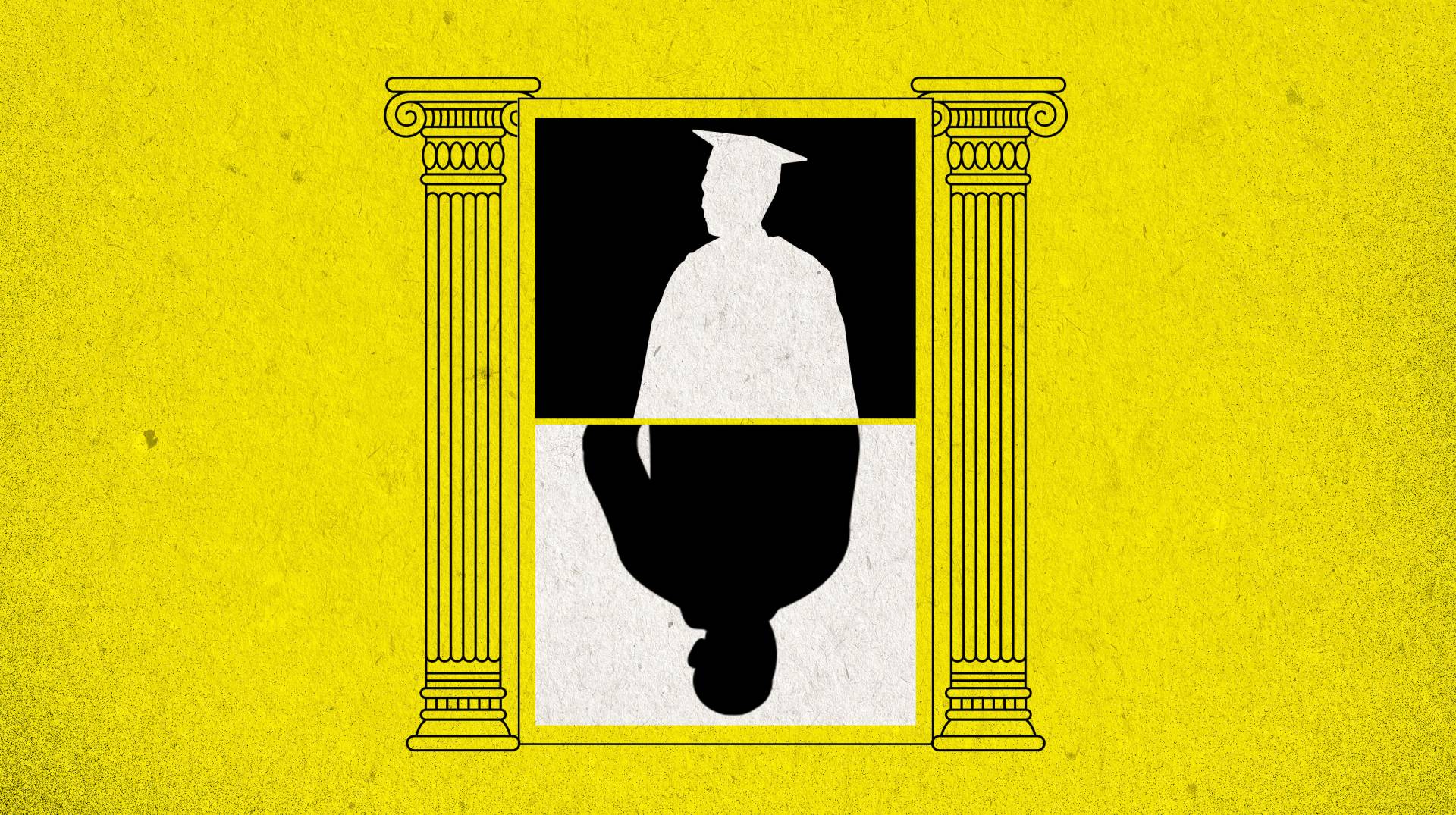 Illustration of silhouette of a graduate mirrored, flanked by Ionic columns