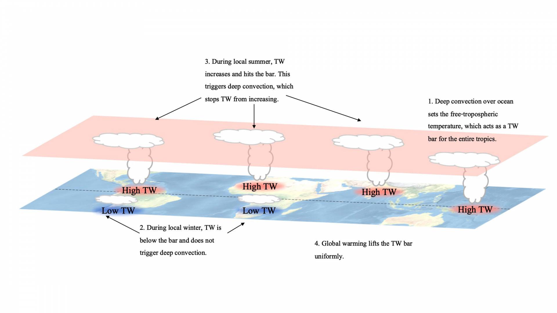 High TW 1. Deep convection over ocean sets the free-topospheric temperature, which acts as a TW bar for the entire tropics. High TW,, low TW 2: During local winter, TW is below the bar and does not trigger deep convection. 3. During local summer, TW increases and hits the bar. This triggers deep convecion, which stops TW from increasing. 4. Global warming lifts the TW bar uniformly.