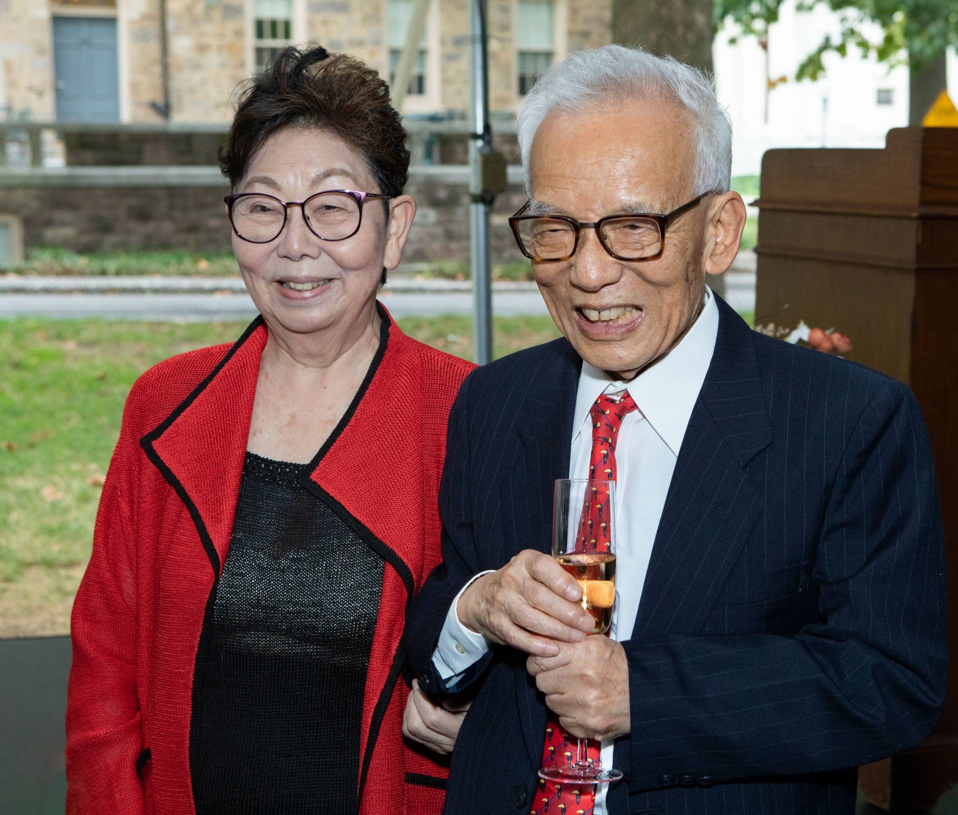 Syukuro Manabe and his wife under the celebration tent